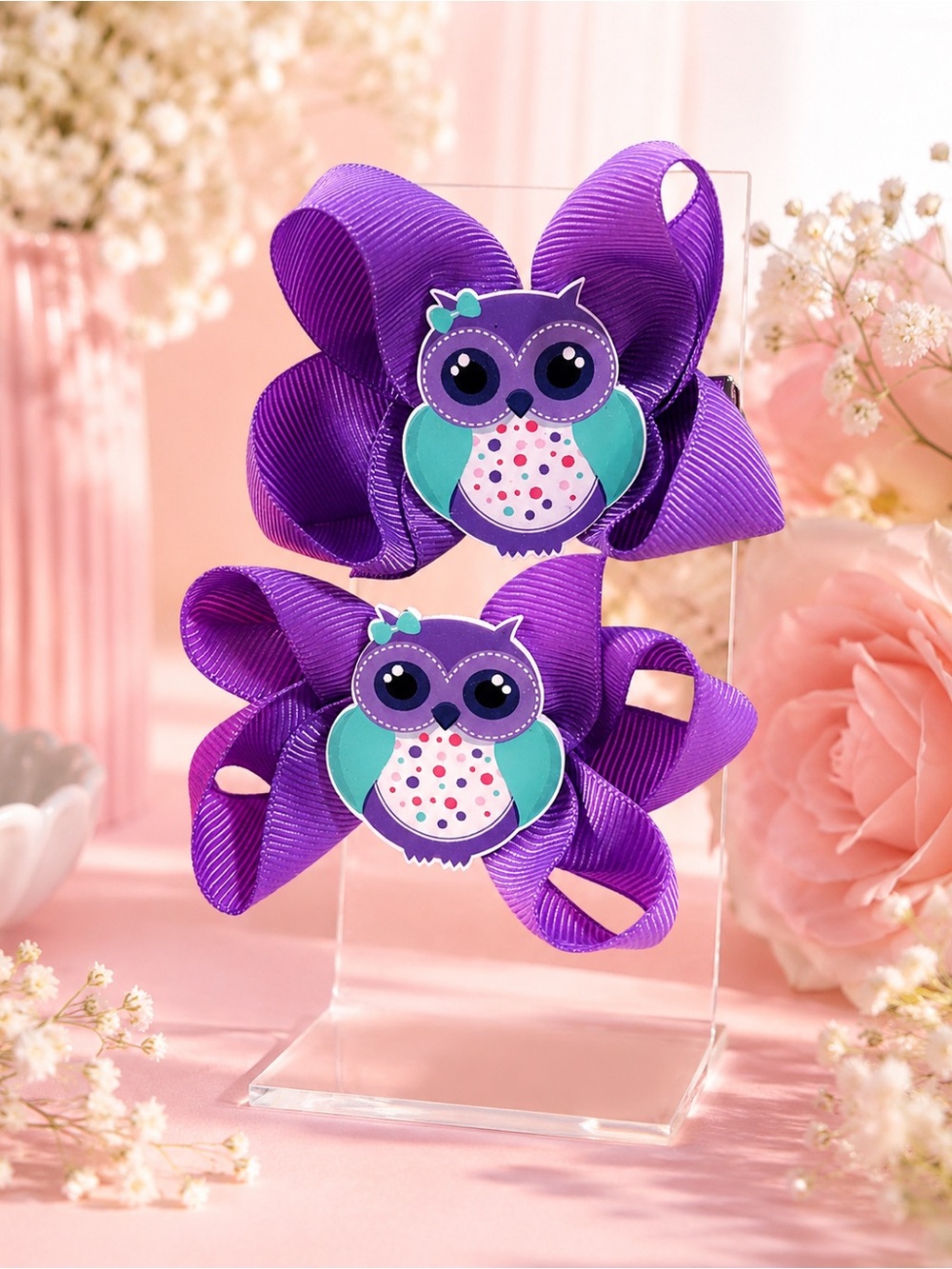 Purple Owl Ribbon Hair Bows for Kids, set 3”